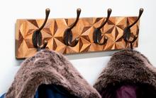 Load image into Gallery viewer, Aztec Design Wooden Plinth, 4 Double Coat Hooks
