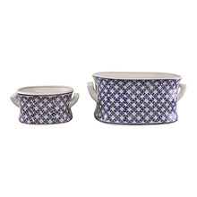 Load image into Gallery viewer, Set of 2 Ceramic Footbath Planters, Vintage Blue &amp; White Geometric Design
