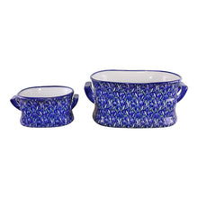 Load image into Gallery viewer, Set of 2 Ceramic Footbath Planters, Vintage Blue &amp; Green Crocus Design
