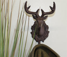 Load image into Gallery viewer, Rustic Cast Iron Wall Hooks, Single Stag Bust
