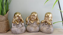 Load image into Gallery viewer, Set of 3 Gold Buddha Ornaments, See No Evil, Hear No Evil, Speak No Evil
