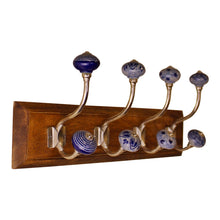 Load image into Gallery viewer, 4 Double Ceramic Blue &amp; White Coat Hooks On Wooden Base
