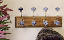 Load image into Gallery viewer, 4 Double Ceramic Blue &amp; White Coat Hooks On Wooden Base
