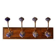 Load image into Gallery viewer, 4 Double Ceramic Blue &amp; White Coat Hooks On Wooden Base
