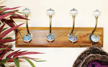 Load image into Gallery viewer, 4 Double Ceramic Peacock Design Coat Hooks On Wooden Base
