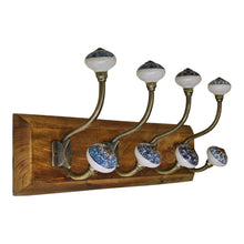 Load image into Gallery viewer, 4 Double Ceramic Peacock Design Coat Hooks On Wooden Base
