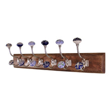 Load image into Gallery viewer, 6 Double Ceramic Blue &amp; White Coat Hooks On Wooden Base
