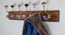 Load image into Gallery viewer, 6 Double Ceramic Blue &amp; White Coat Hooks On Wooden Base
