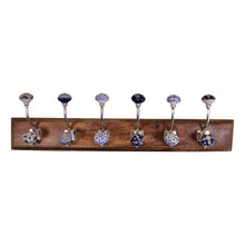 Load image into Gallery viewer, 6 Double Ceramic Blue &amp; White Coat Hooks On Wooden Base
