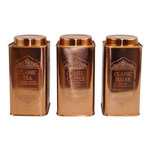 Load image into Gallery viewer, Large Metal Copper Coloured Tea, Coffee &amp; Sugar Storage Tins
