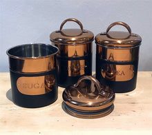 Load image into Gallery viewer, Set of 3 Black &amp; Copper Tea, Sugar &amp; Coffee Tins
