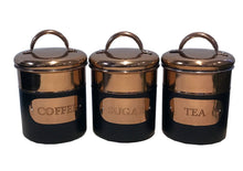 Load image into Gallery viewer, Set of 3 Black &amp; Copper Tea, Sugar &amp; Coffee Tins
