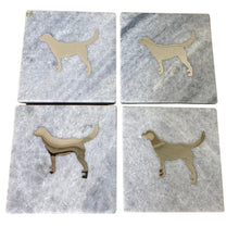 Load image into Gallery viewer, Four Square White Marble Coasters With Gold Dog Design
