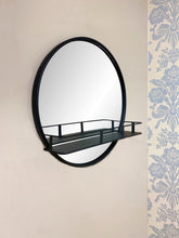 Load image into Gallery viewer, Circular Black Metal Framed Mirror With Shelf
