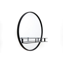 Load image into Gallery viewer, Circular Black Metal Framed Mirror With Shelf
