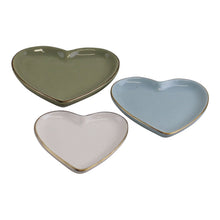 Load image into Gallery viewer, Set Of 3 Heart Shaped Ceramic Trinket Plates With A Gold Edge
