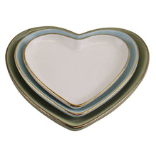 Load image into Gallery viewer, Set Of 3 Heart Shaped Ceramic Trinket Plates With A Gold Edge
