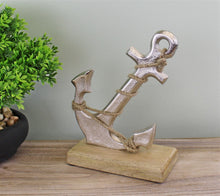 Load image into Gallery viewer, Silver Metal Anchor Ornament On Wooden Base
