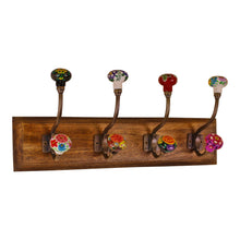 Load image into Gallery viewer, Mexican Floral Ceramic Hooks on Wooden Base
