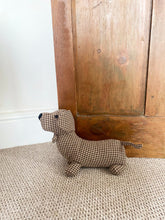 Load image into Gallery viewer, Brown Herringbone Fabric Sausage Dog Doorstop
